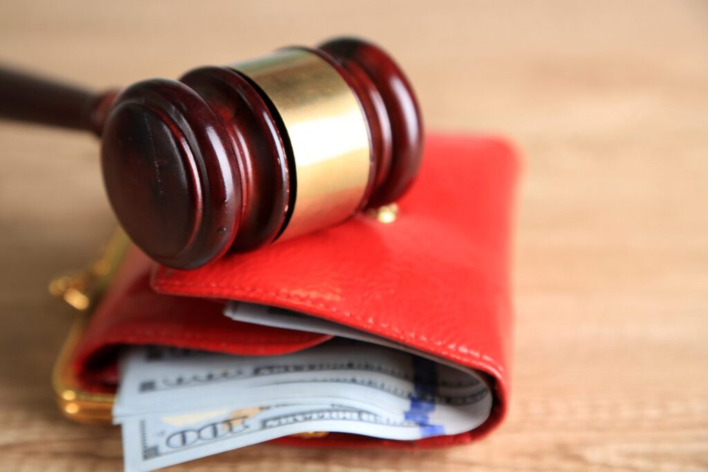 gavel resting on top of red wallet with hundred dollar bills