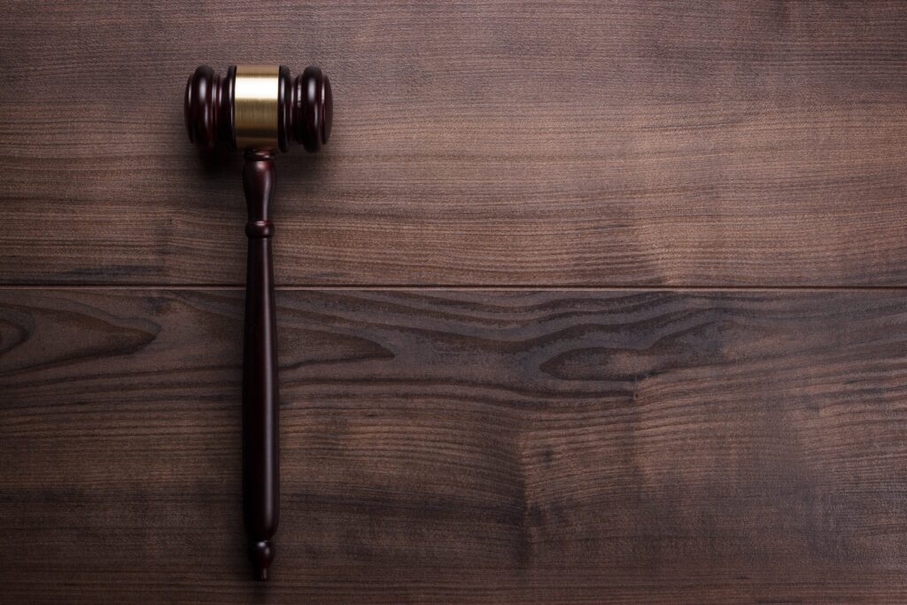 gavel on wooden table